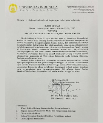Stop Penyalahgunaan Wewenang Jabatan Ketua BEM, UI Keluarkan SE
